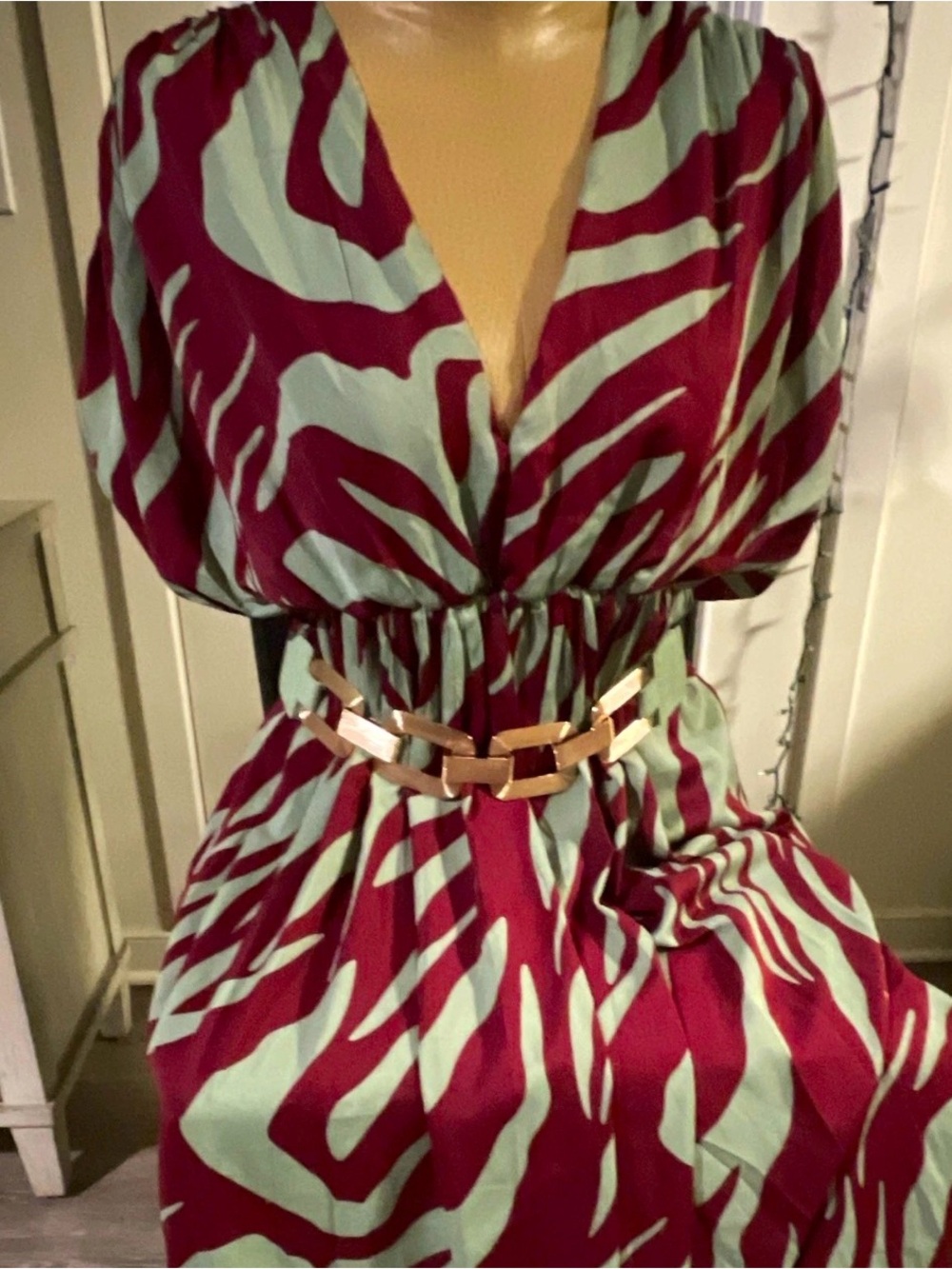 Fashion Nova Burgundy and Sage Zebra-Print Maxi Dress with Gold Chain Accent